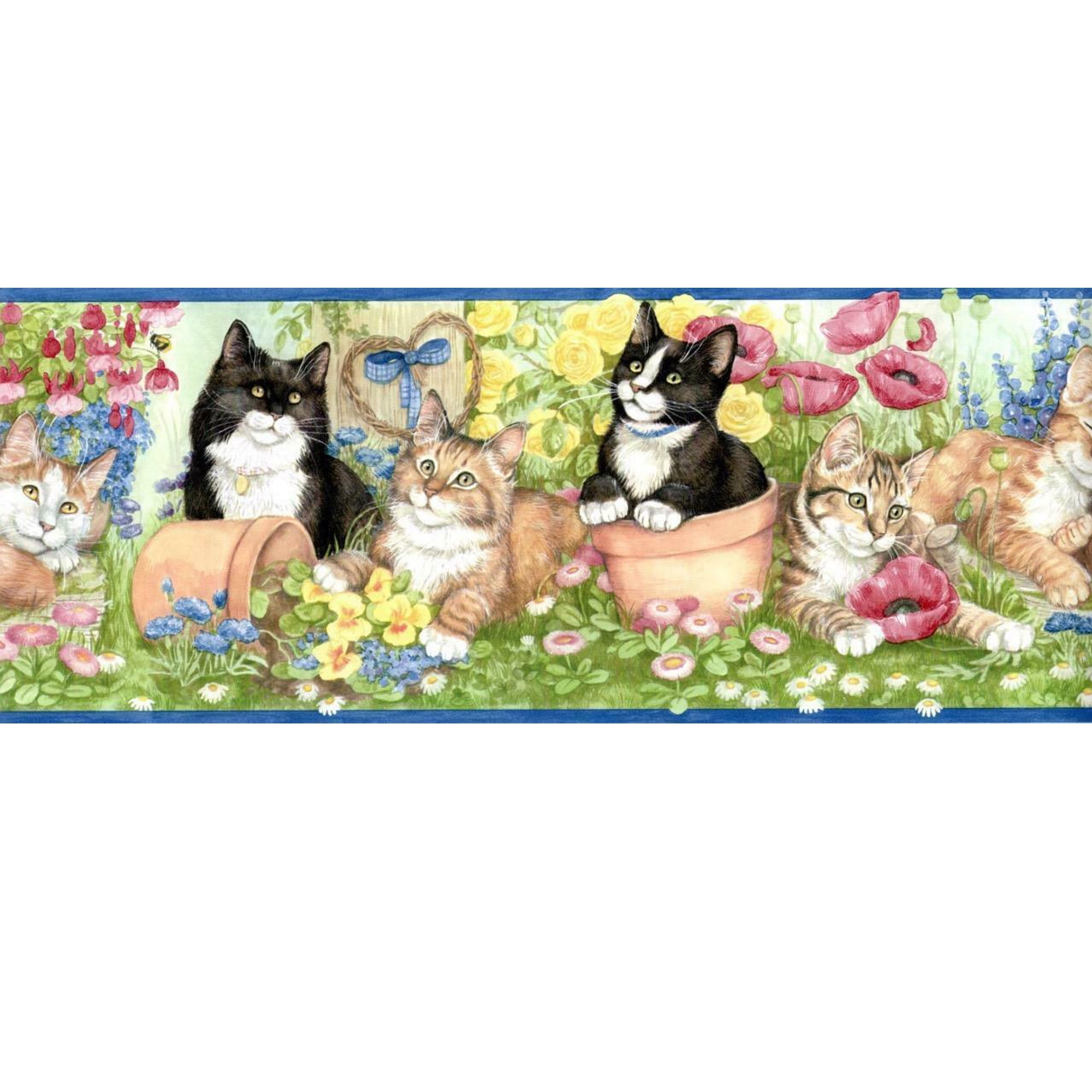Village Kitties Cat Animals Wallpaper Border, Pre-pasted 15 ft x 6.7 in., Blue, Green, Brown