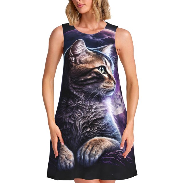 Vsdgher Robes d'Été Imprimé Chat Lune Violette pour Femmes Robe de Plage Décontractée Col en U Sans Manches Robe d'Été Ample avec Poche