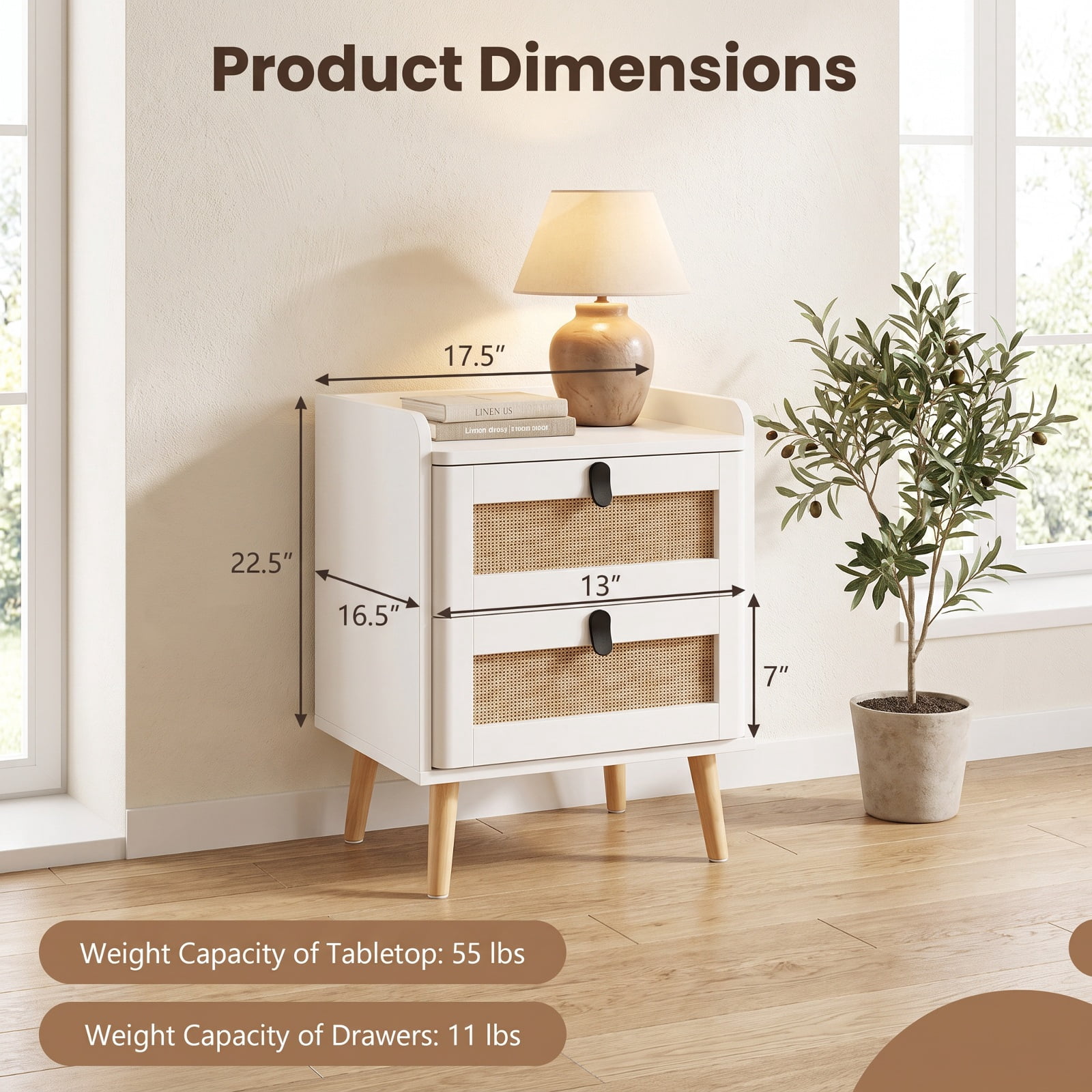 Furnibear Modern End Table Bedside Table with 2 Rattan Decorated Drawers for Bedroom Living Room Bedside Sofa Side Small Space, White