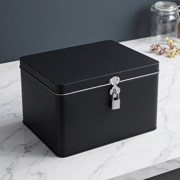 WEUVEB Black Metal Storage Box Lock - Tin Container for Versatile Home and Office Organization