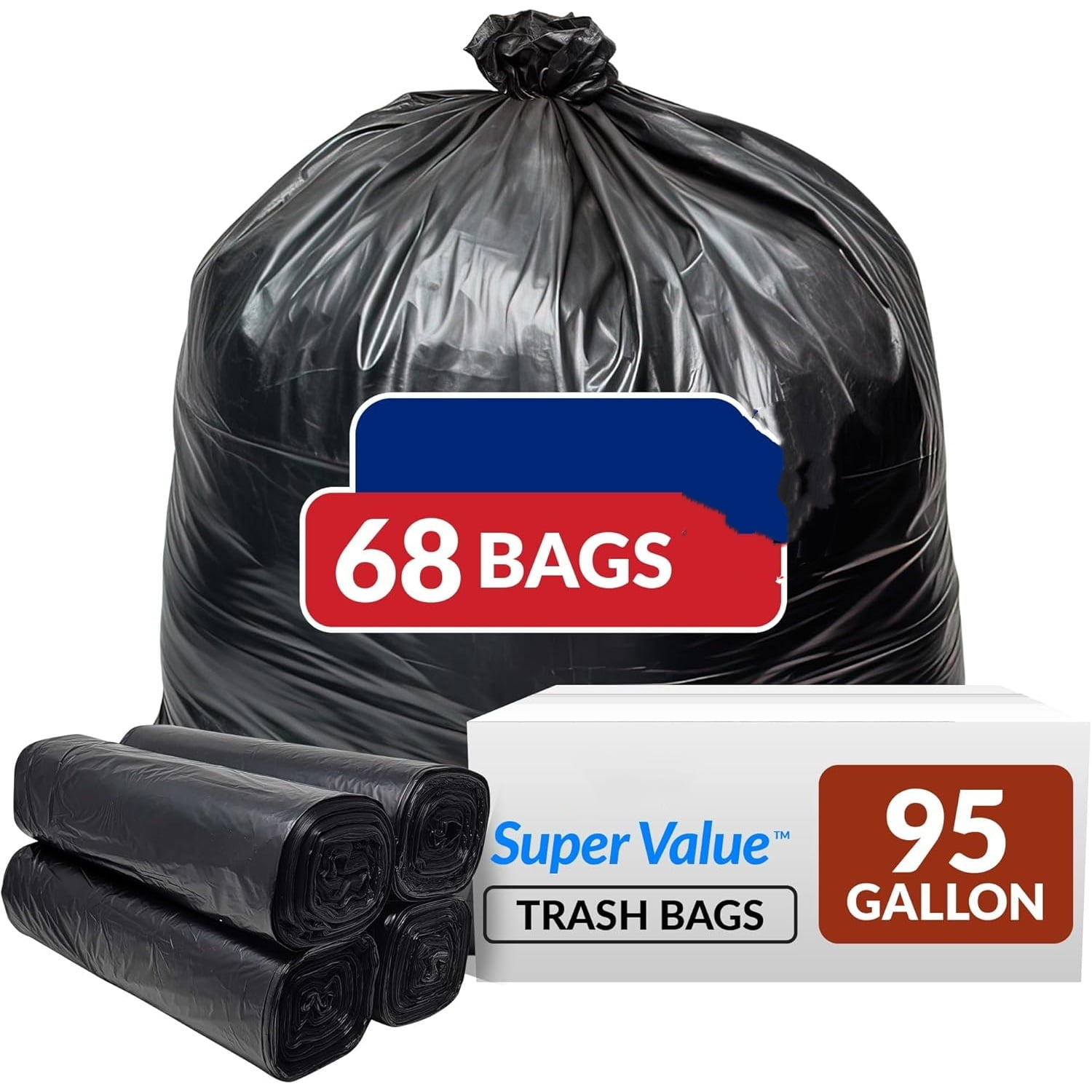 95 Gallon Trash Bags Heavy Duty | 68 Trash Bags | Super Sizeable, Black, Garbage for Serious Cleanup