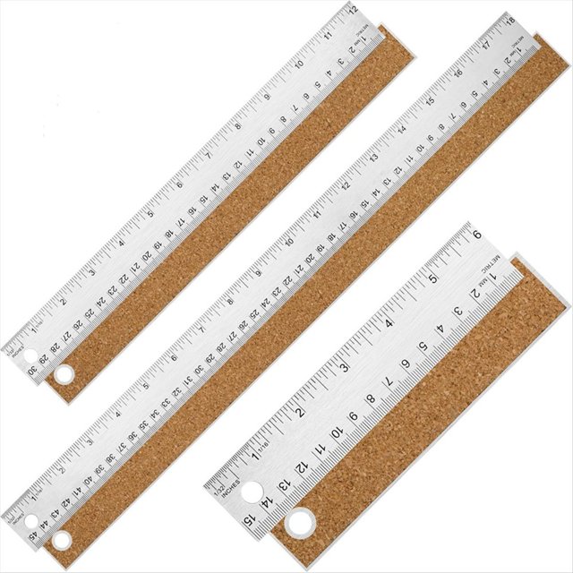 Regla de Metal con Respaldo de Corcho, Reglas de Acero Inoxidable de 6+12+18 Pulgadas - Imperial y Métrica para Herramientas de Oficina Escolar