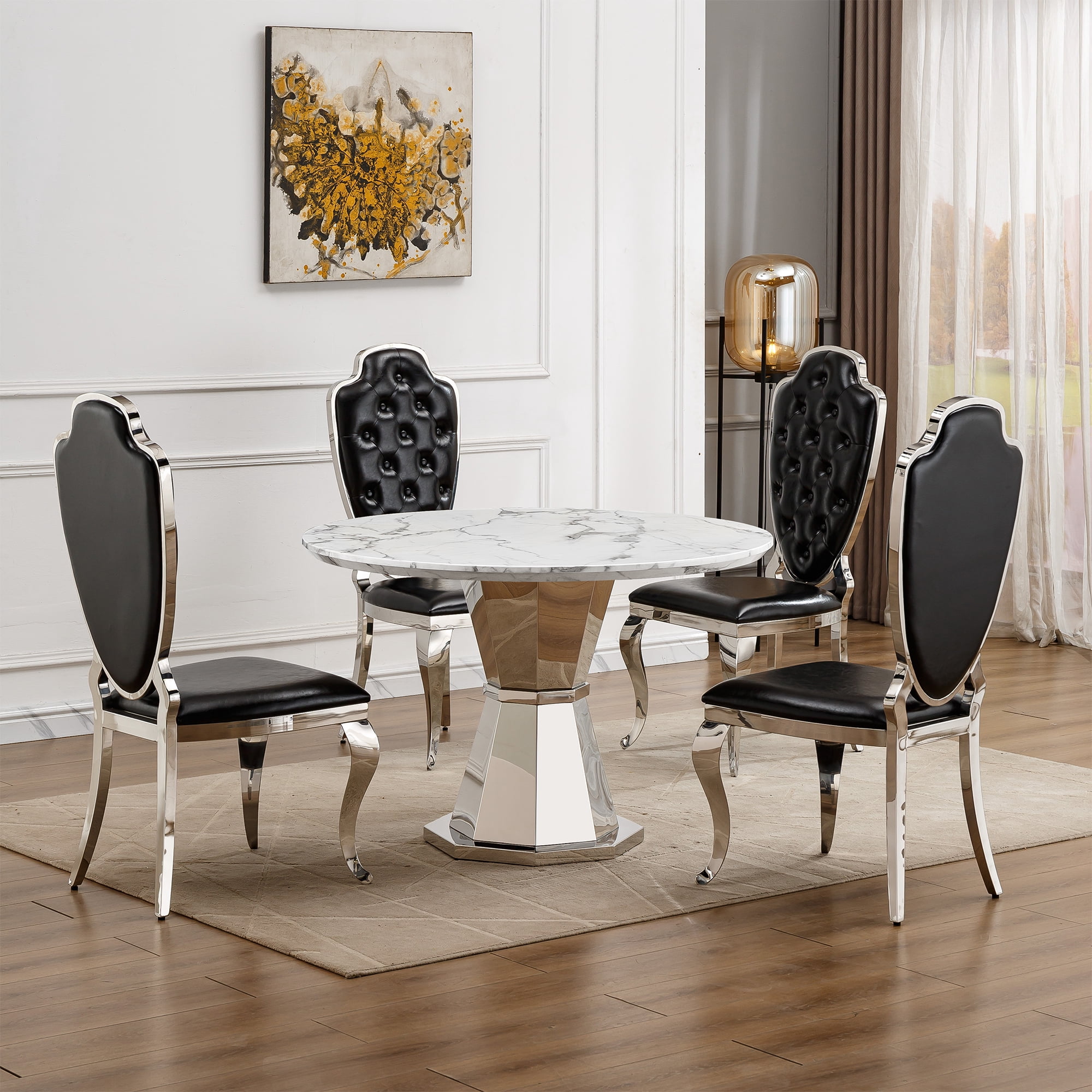 Shikeyi 47" Round Marble Dining Table for 4-6, Luxury Modern Kitchen Table with Marble Grain MDF Tabletop & Silver Mirrored Stainless Steel Pedestal Base for Dining Room, White (Table Only)