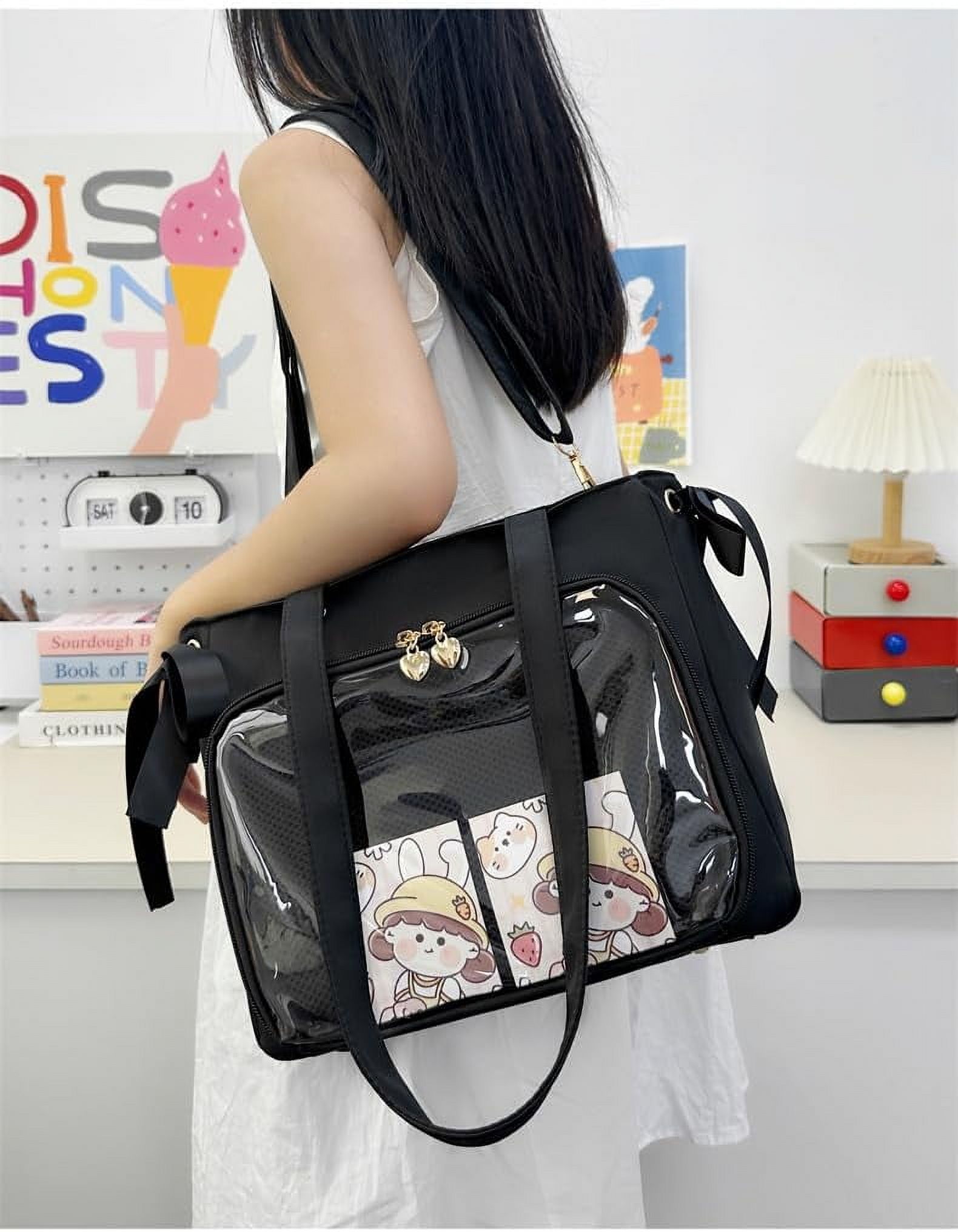 JUYGO Cute Ribbon Japanese Ita Bag Large Tote Crossbody Bag Messenger Bag for Women Aesthetic Bag Y2K Purse (White)