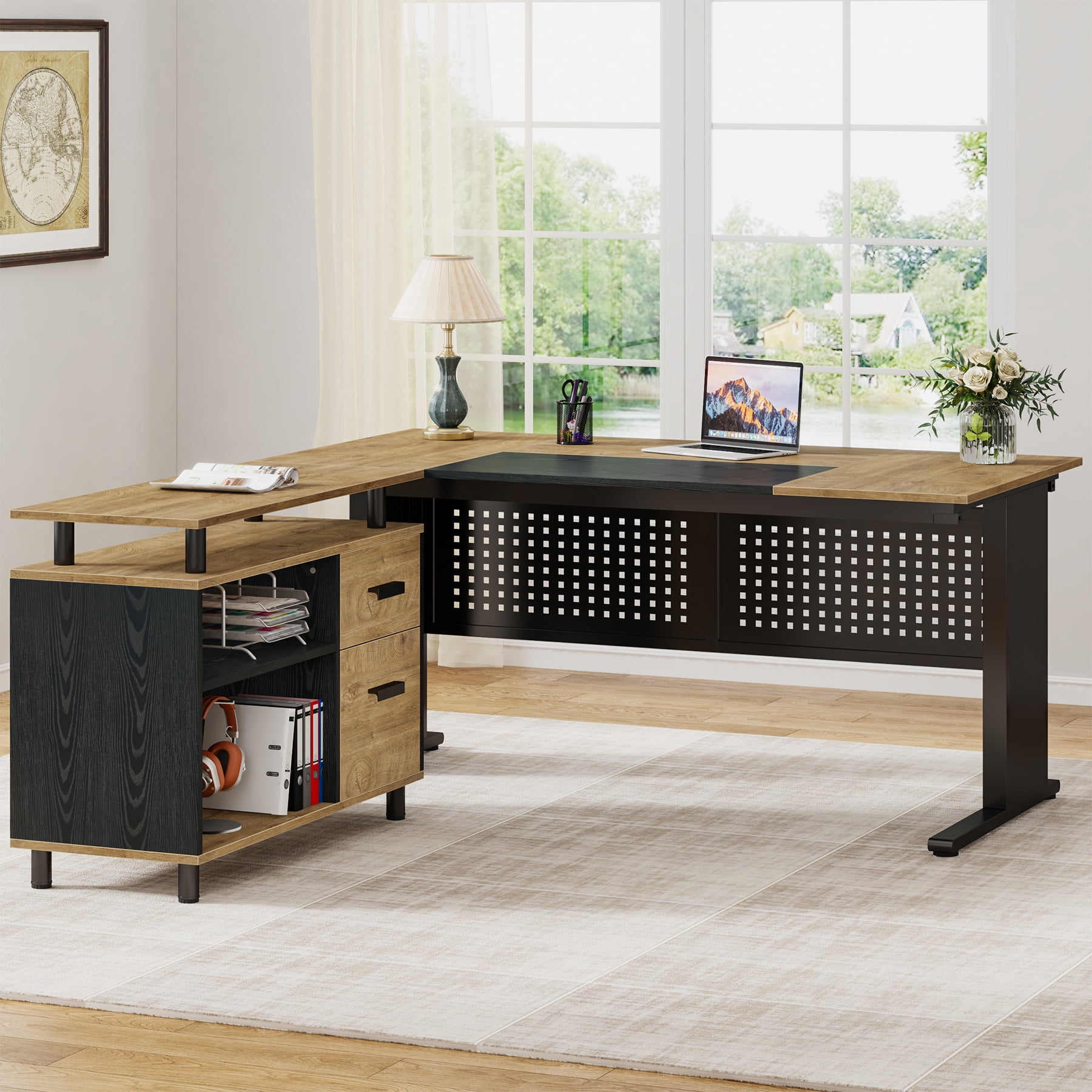 Finmind 63" L-Shaped Executive Desk with File Cabinet, Large Office Computer Desk with Drawers and Shelves, for Home Office, Light Brown and Black