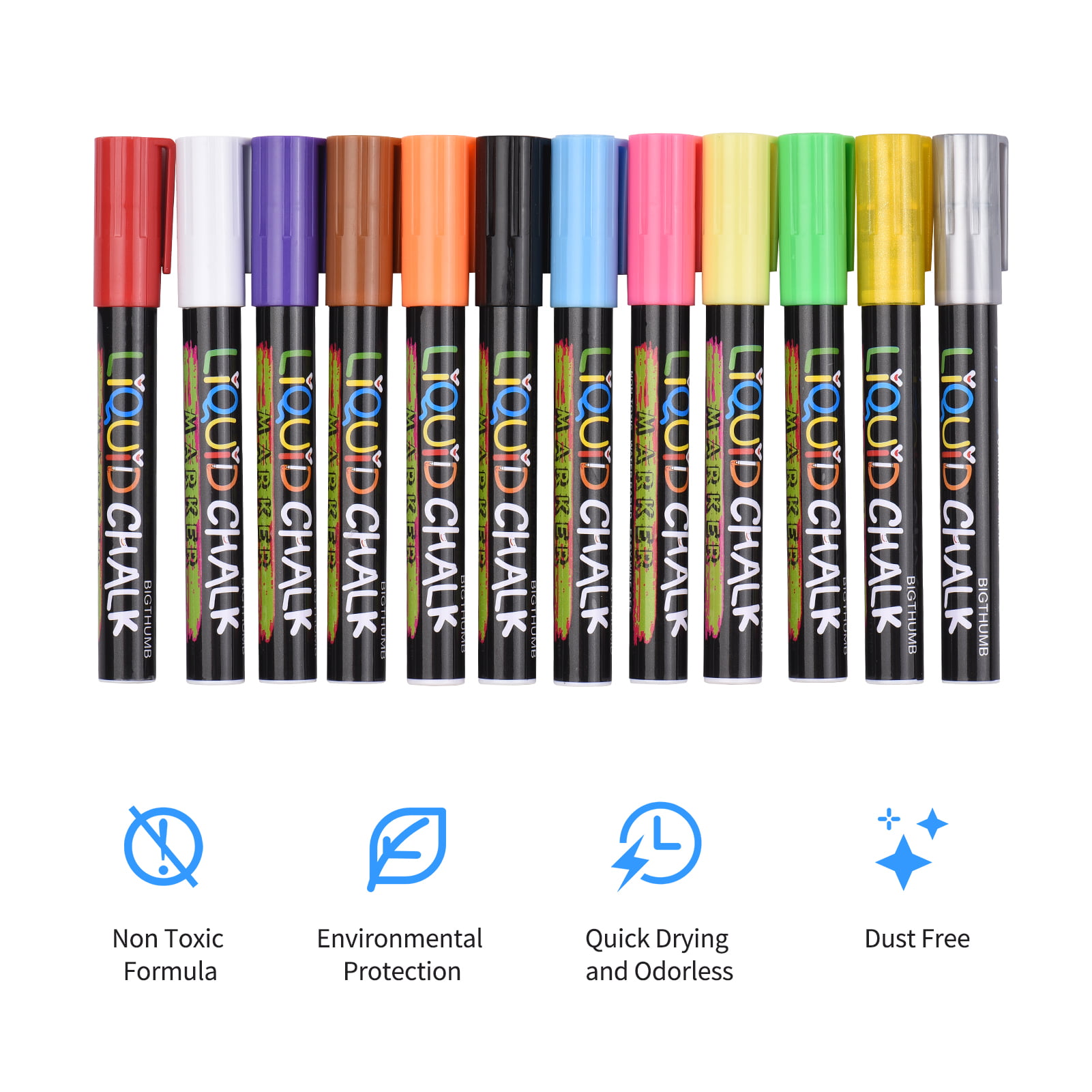 BIGTHUMB Liquid Chalk Markers 12 Vibrant Colors with 3mm Reversible  Erasable Water-based Chalkboards Marker Pens Non Toxic Quick Drying for  Blackboard