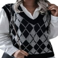 thumbnail image 3 of FNNMNNR Women Casual Sleeveless Argyle Printed V-Neck Oversize Sweater Vest Y2K 90s Color Block Knit Pullover Tops Red S, 3 of 7