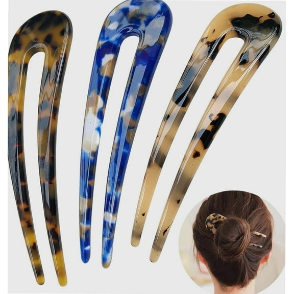 French Hair Forks Tortoise Shell U Shape Updo Hair Pins Clips for Thin Thick Hair, 4.3 inch Classic Cellulose Acetate 2 Prong Bun Hair Sticks Chignon Women Vintage Hairstyle Accessories, 3 Pack