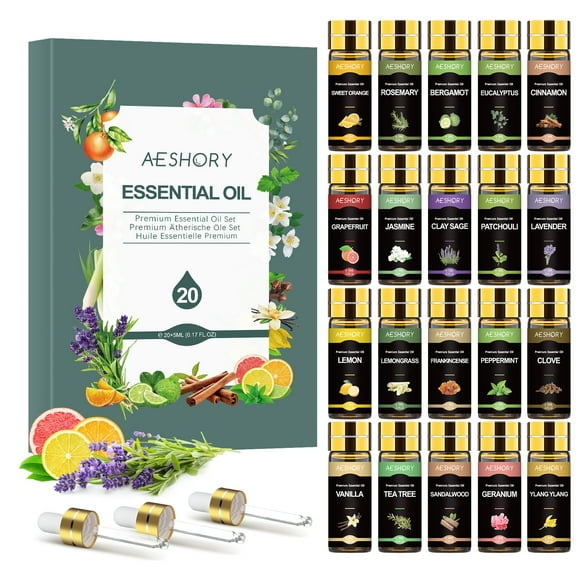 Aeshory Essential Oils Set for Diffuser, Aromatherapy, Humidifier, Massage, Candle Making - 5 ml/20 Pack