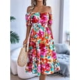 thumbnail image 5 of Women's Short Sleeve A Line Dresses Square Neck Flowy Floral Smocked Midi Dress for Casual Red S, 5 of 10