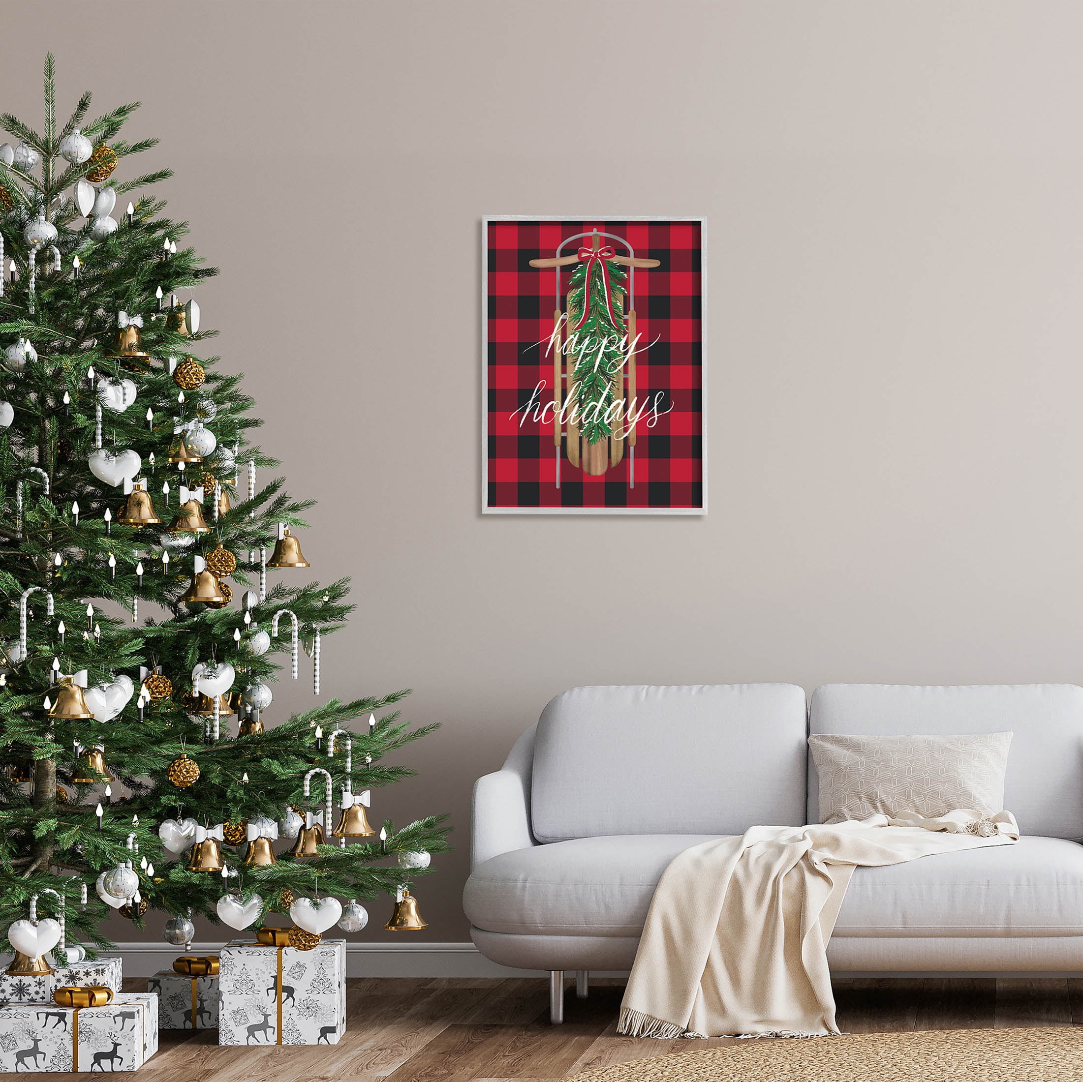 Stupell Industries Happy Holidays Tartan Sled Graphic Art Gray Framed Art Print Wall Art, Design by Amanda McGee