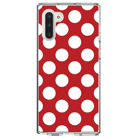 DistinctInk Clear Shockproof Hybrid Case for Samsung Galaxy Note 10 (6.3" Screen) - TPU Bumper, Acrylic Back, Tempered Glass Screen Protector - White & Red Polka Dots