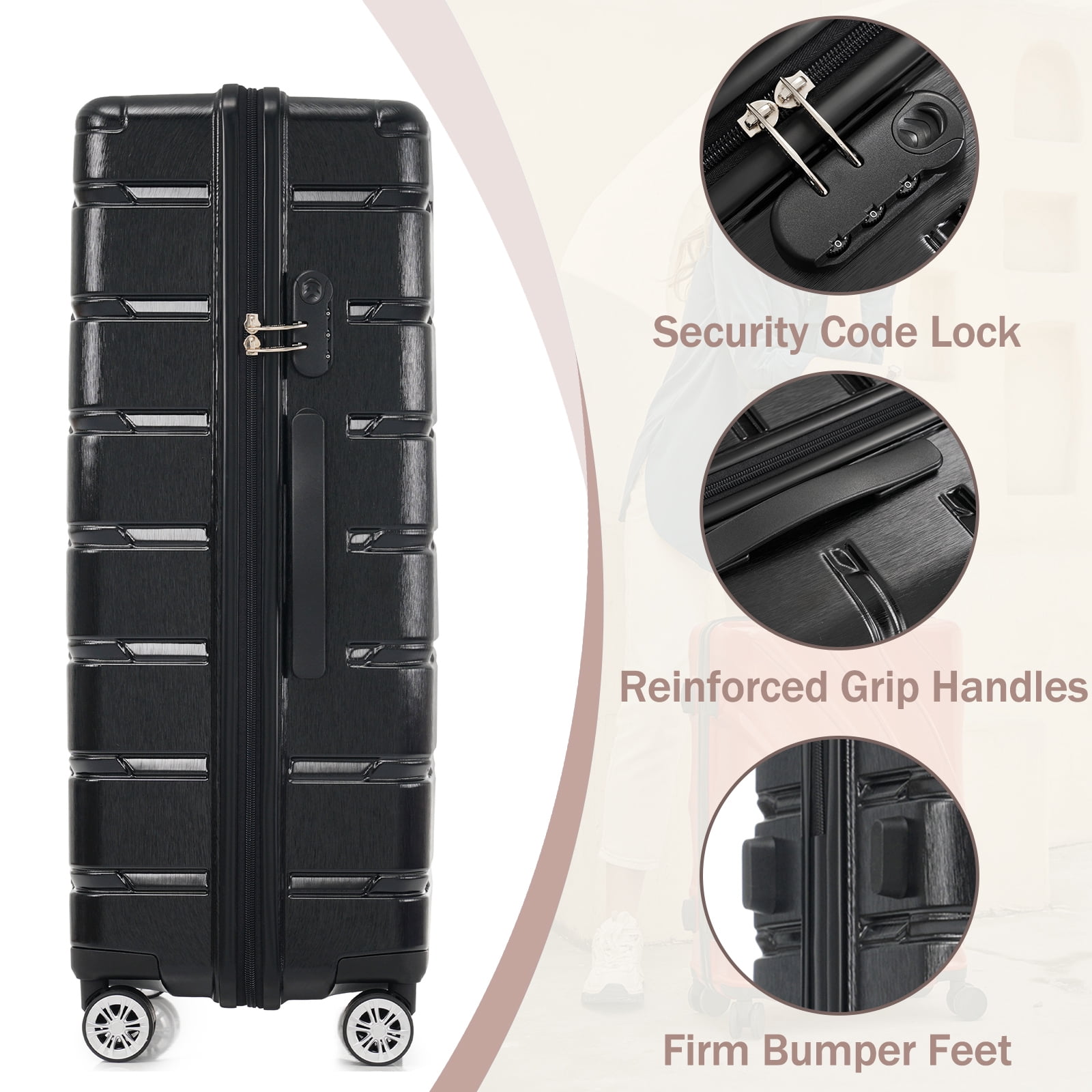 20" Carry on Luggage Set, 24" Hardshell Checked Luggage, 28" Large Travel Suitcase Set with Spinner Wheels for Men Women, Black