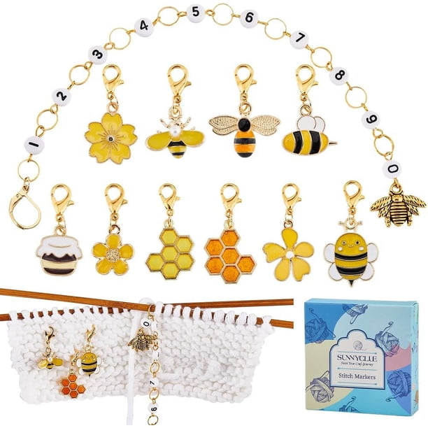 1 caja de 11 marcadores de punto de ganchillo con forma de panal de abeja, marcadores de punto de ganchillo, marcadores de punto, cadenas de contador de filas de punto con números del 0 al 9.