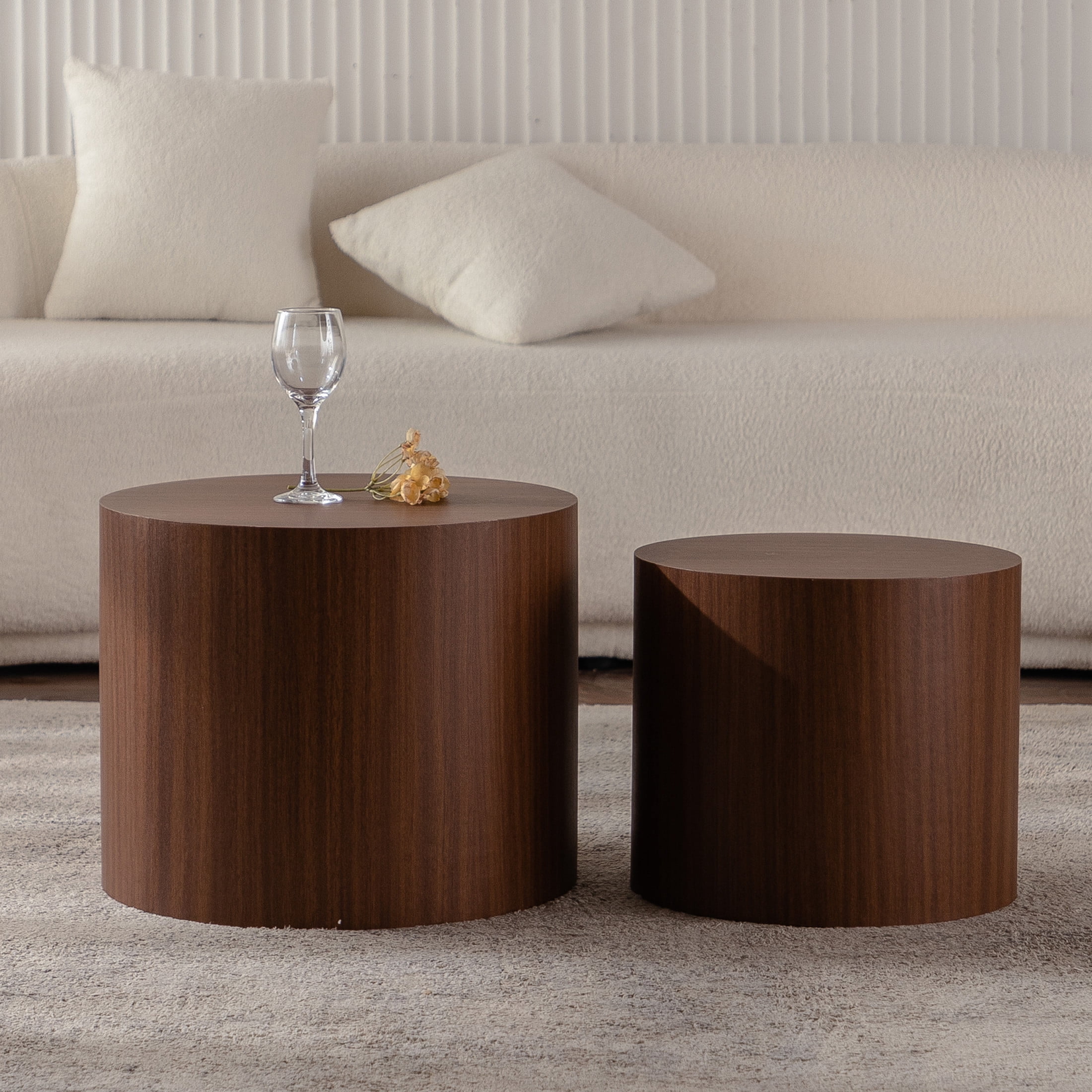 Noble House Nathan 2-Piece Round Nesting Coffee Table Set, Modern Wooden Industrial Side Tables, Walnut, Set of 2