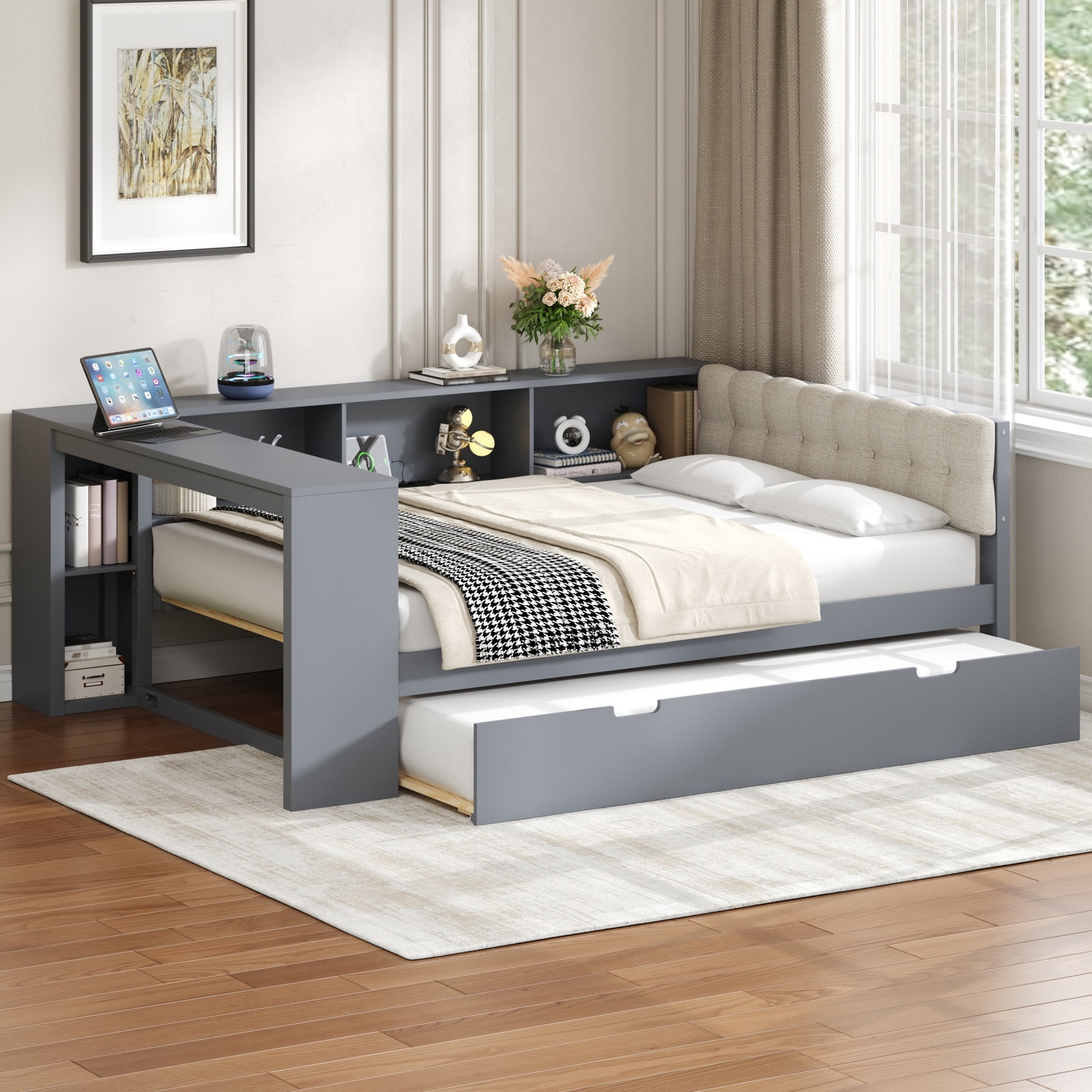 Sailvan Full Size Platform Bed Frame with Storage,Trundle and Headboard Gray
