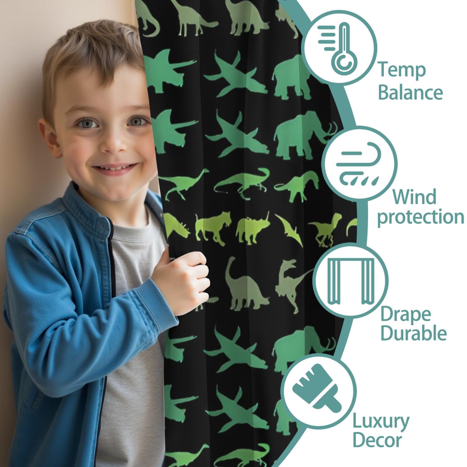 Blackout Kids Curtains,Green Dinosaurs MultiShapes Pattern Childrens Insulated Curtains Set Of 2,Bedroom Essentials,Toddler Room Decor 42"x54"