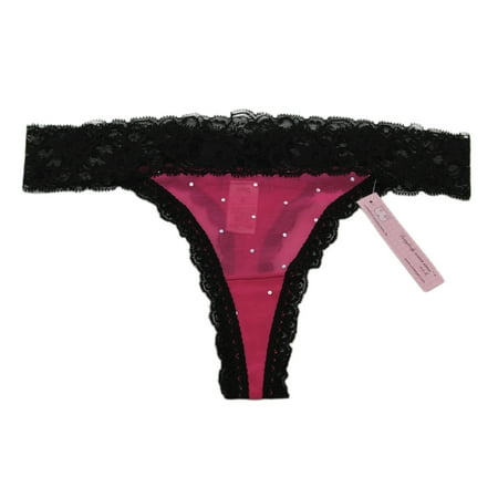 UNDERGIRL Women s Pink / Black Sheer Rhinestone Thick Lace Thong Panties Sz M