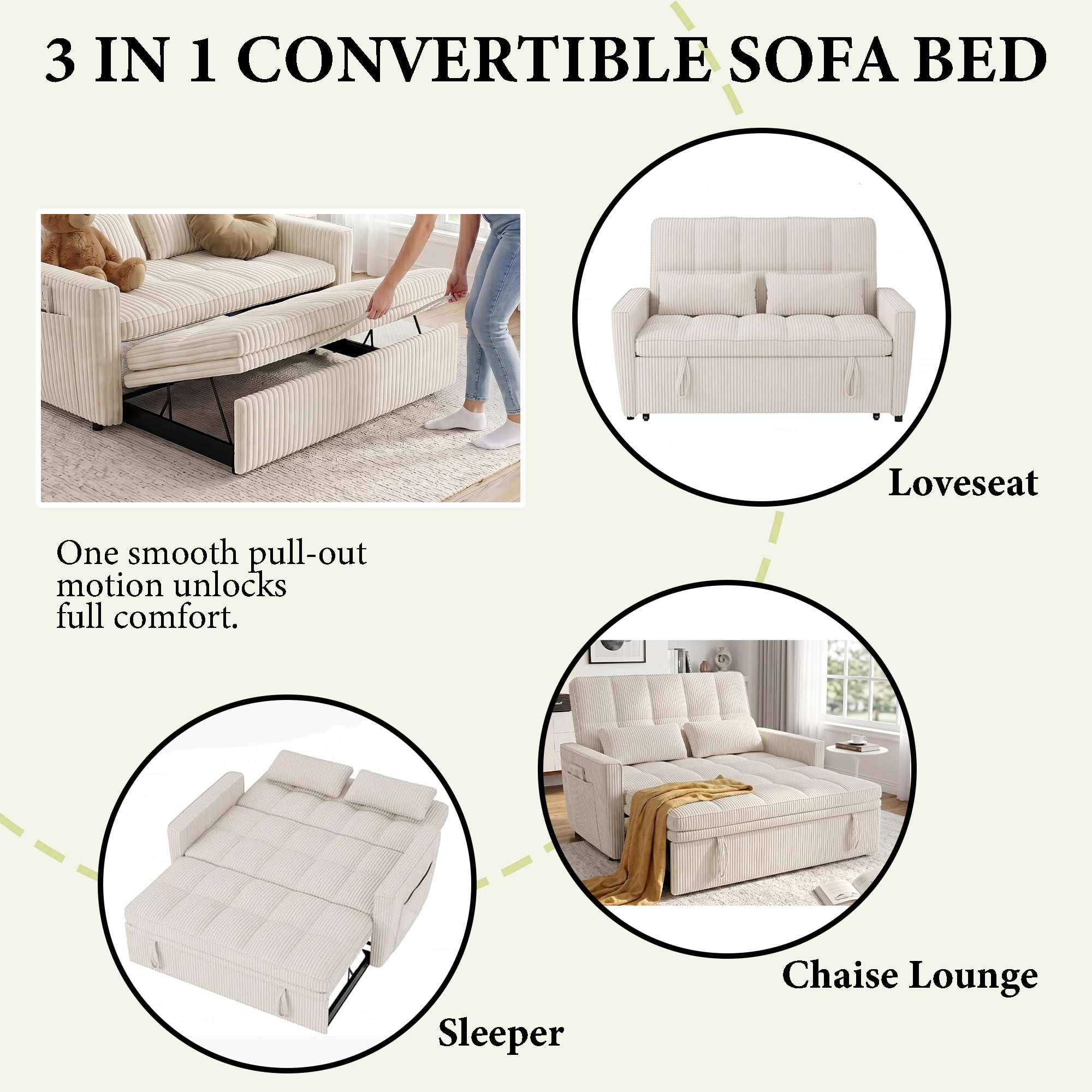 WAKEFIT 54" Pull-Out Sleeper Sofa Bed,3-in-1 Convertible Loveseat Couch with Adjustable Backrest for Small Living Room,Corduroy,Beige