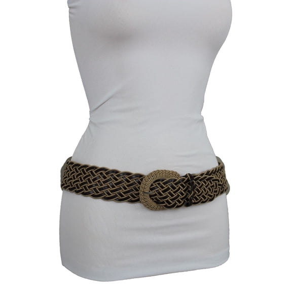 Women Brown Beige Belt Elastic Hip High Waist Braided Faux Leather