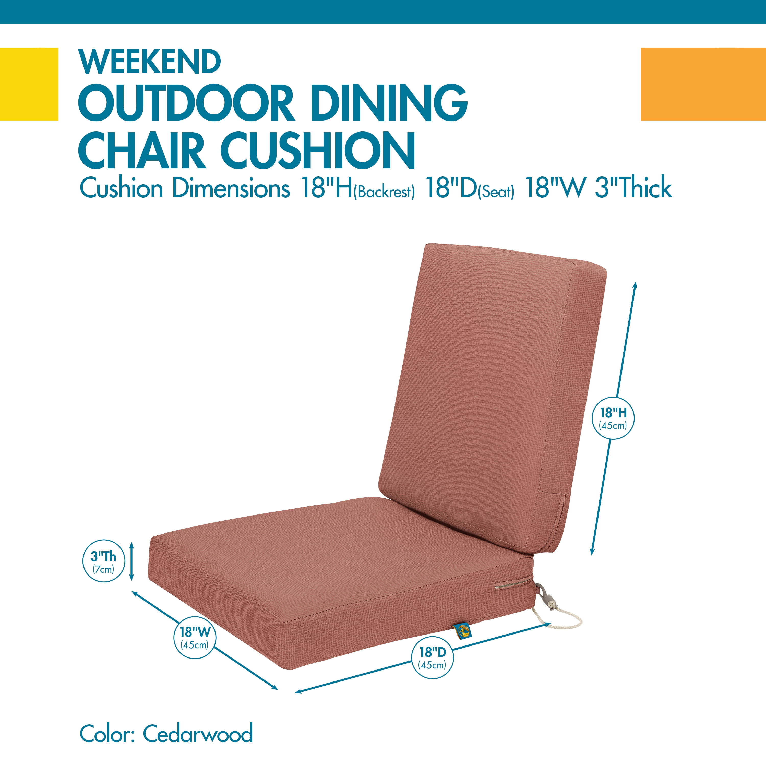 Duck Covers Weekend Water-Resistant 36 x 18 x 3 Inch Outdoor Dining Chair Cushions, Cedarwood