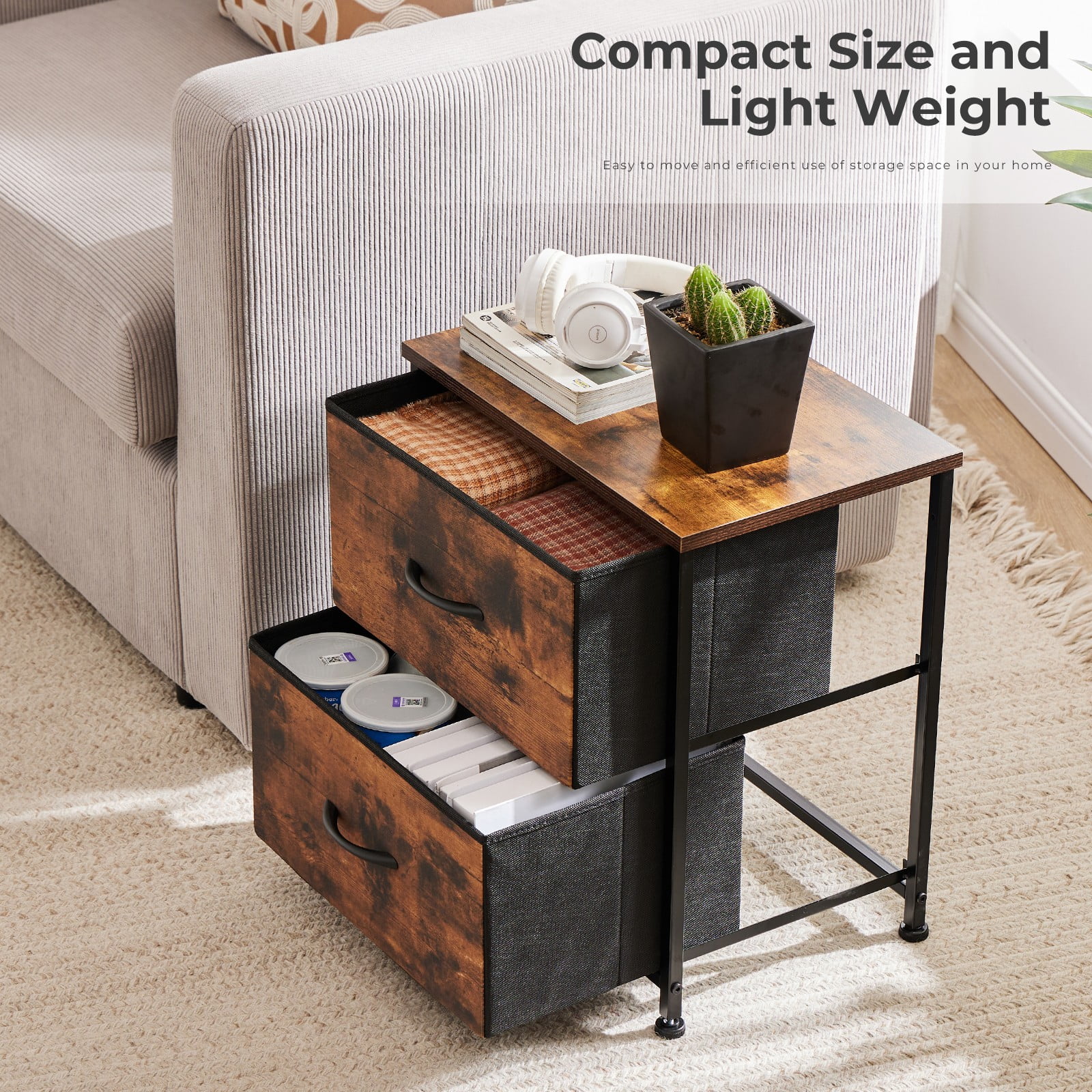 CONCETTA 2-Drawer Fabric Storage Dresser, Nightstand Bedside End Table for Bedroom, Dorm, Small Space, Storage Furniture for Adults, Rust
