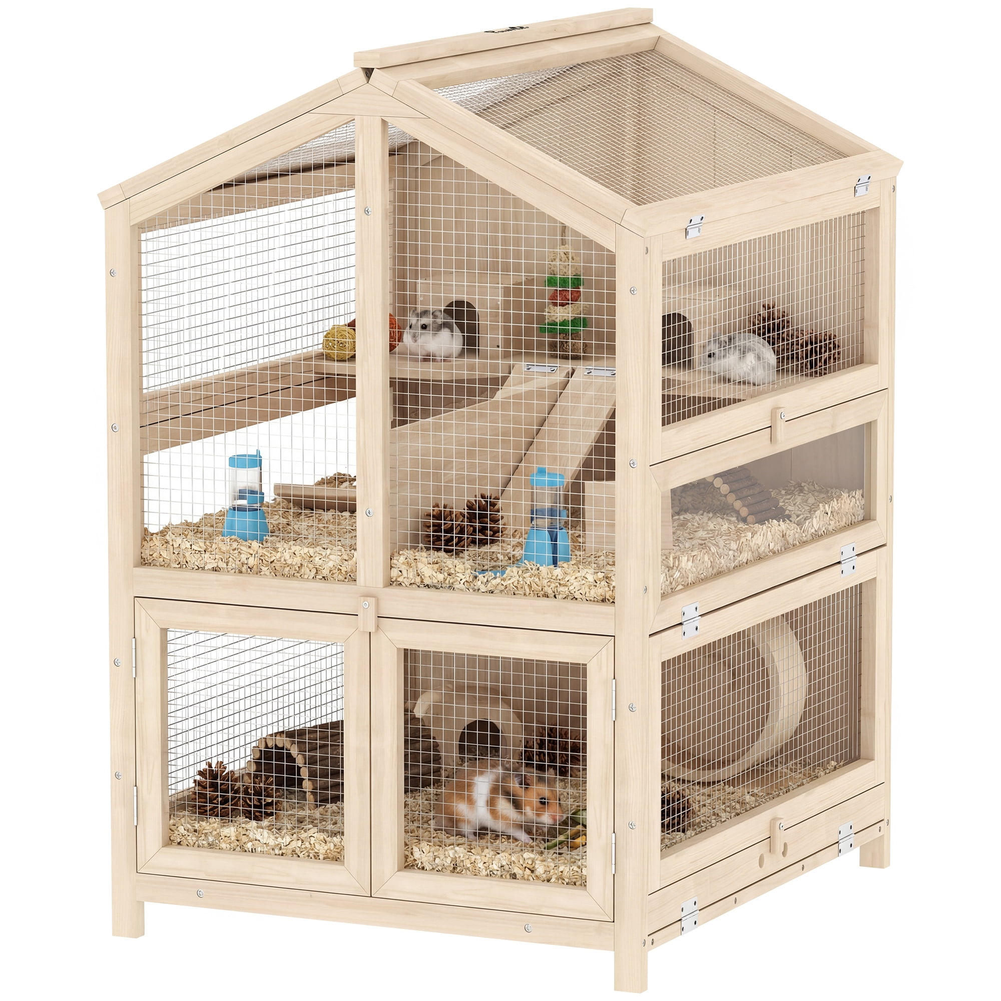 PawHut Wooden Hamster Cage, Large 3 Tier Hamster Cage with Pull-Out Tray, Hut, Seesaws, Ramps, 26.8" L x 24.2" W x 35.4" H
