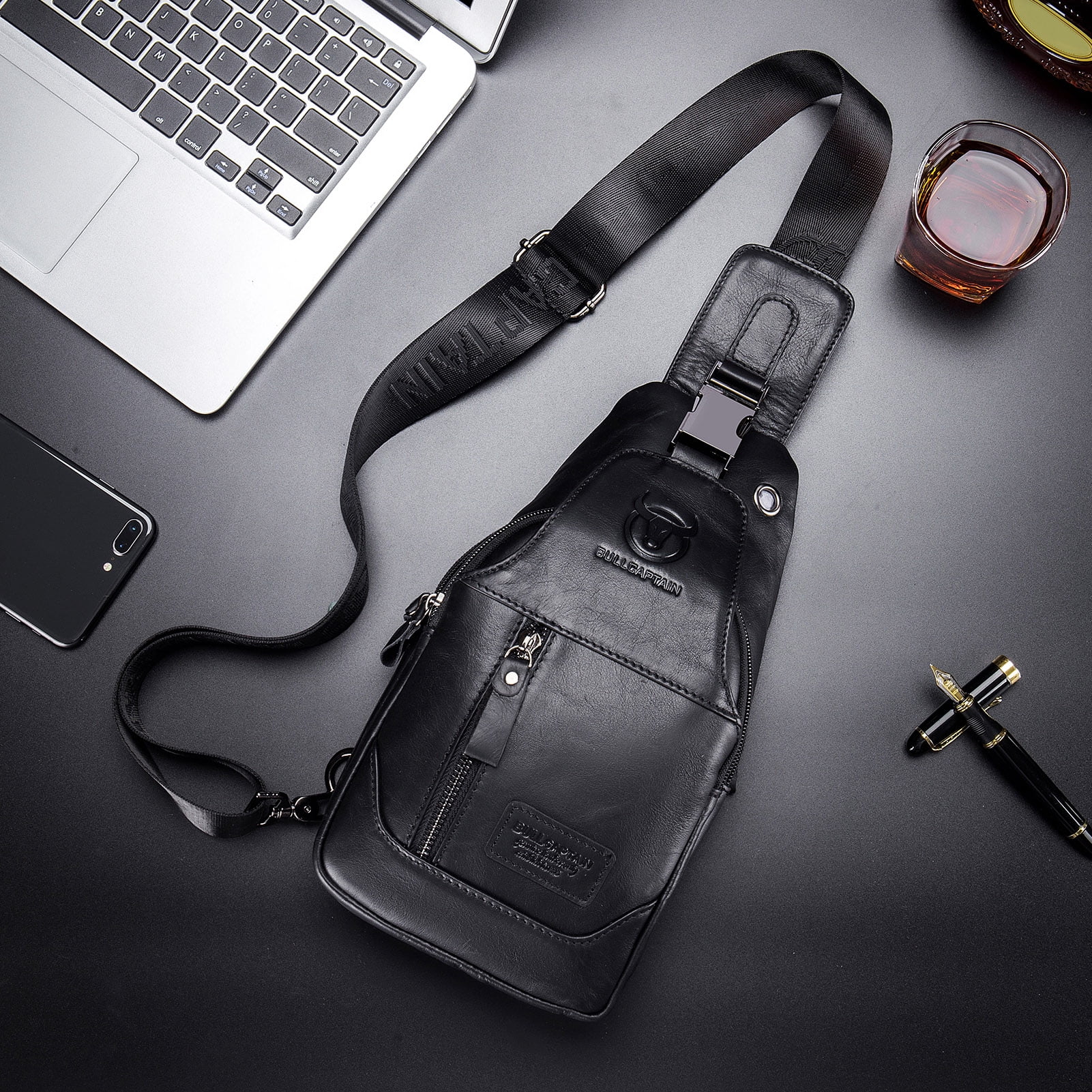 BULLCAPTAIN Men's Leather Sling Bag Waterproof Crossbody Pack Chest Shoulder Backpack for Hiking Cycling Mountaineering Travelling
