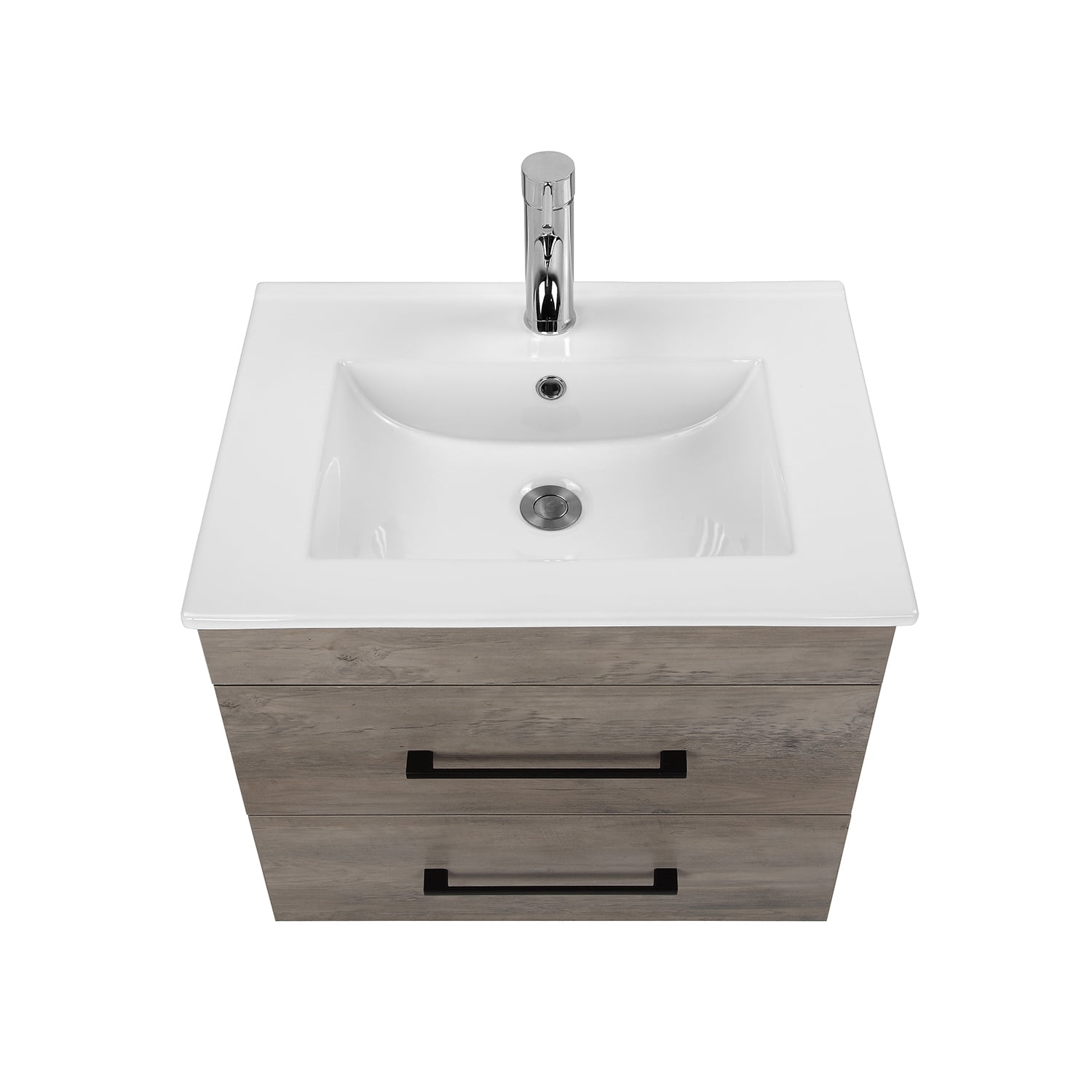 Demi Bonn 24" Wood Grain Wall-Mounted Bathroom Vanity with Ceramic Sink, 2 Soft-Close Drawers and Aluminum Frame Mirror, Faucets and Drains Not Included, Gray