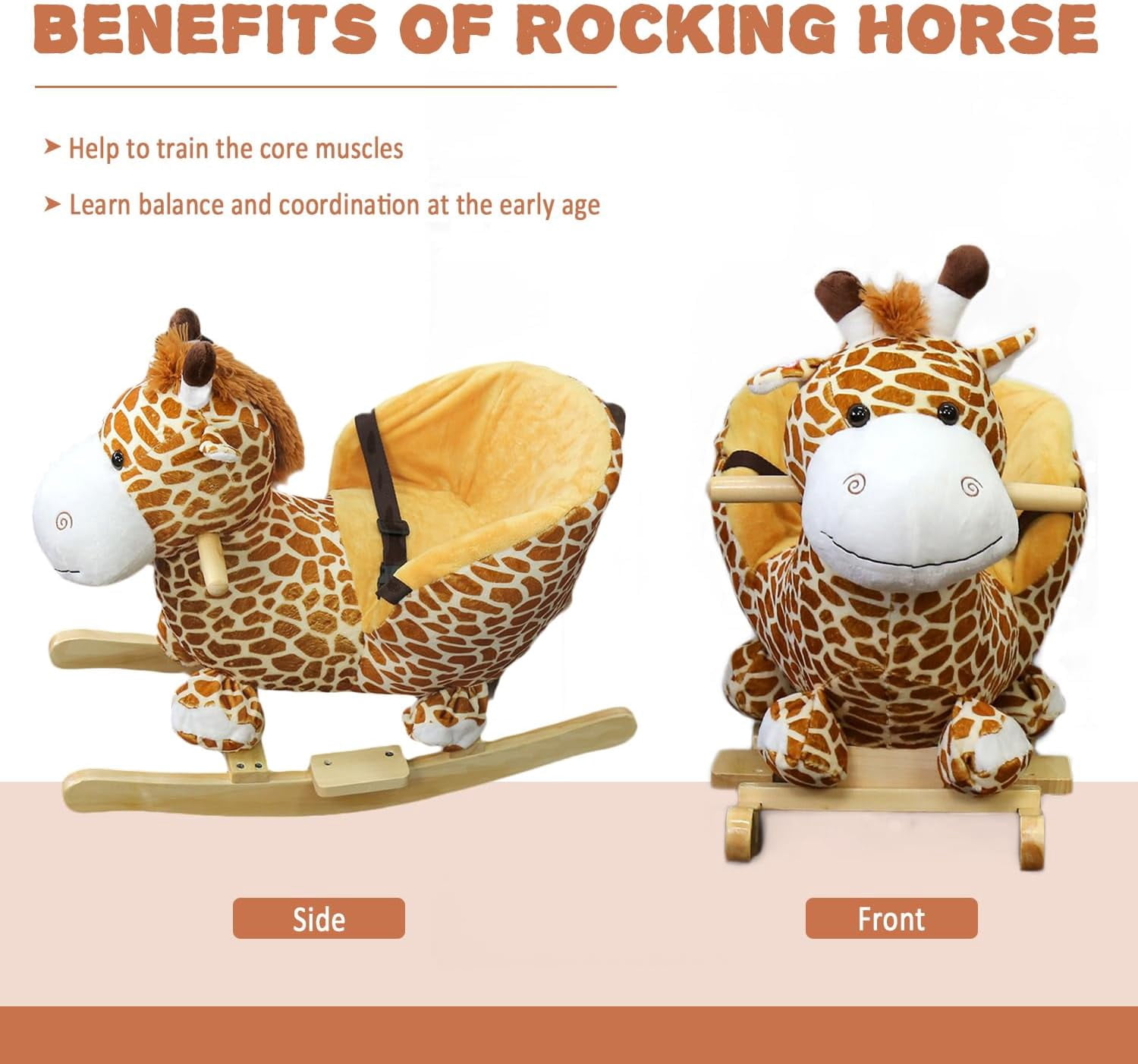 Kinbor Kids Rocking Plush Horse Toy Rocking Giraffe Wooden Ride On Toy with Sound & Seat Belts, Yellow
