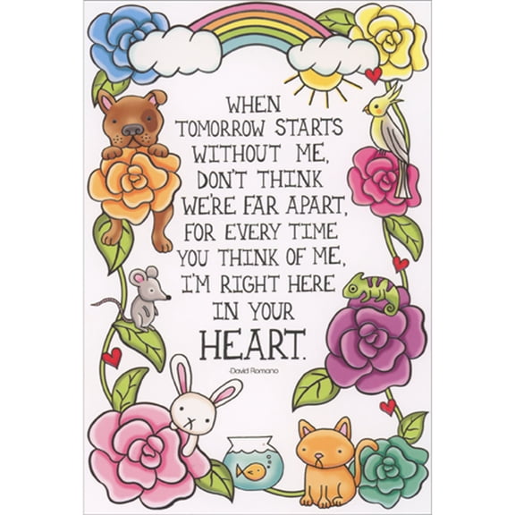 Pictura Right Here in Your Heart: Animals, Flowers and Rainbow Border Sympathy Card for Pet