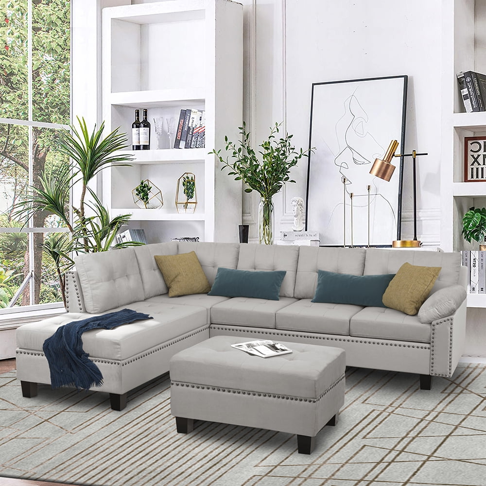 Veryke Modern L-Shape Sectional Sofa with Chaise Lounge and Storage Ottoman, Grey