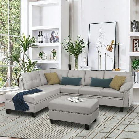 Veryke Modern L-Shape Sectional Sofa with Chaise Lounge and Storage Ottoman, Grey - Walmart.com 