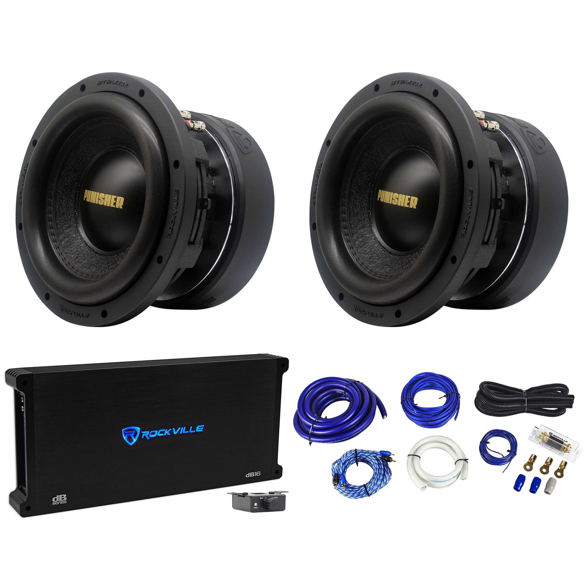 (2) Rockville Punisher 10D2 10" 5000w Competition Car Audio Subwoofers+Amplifier