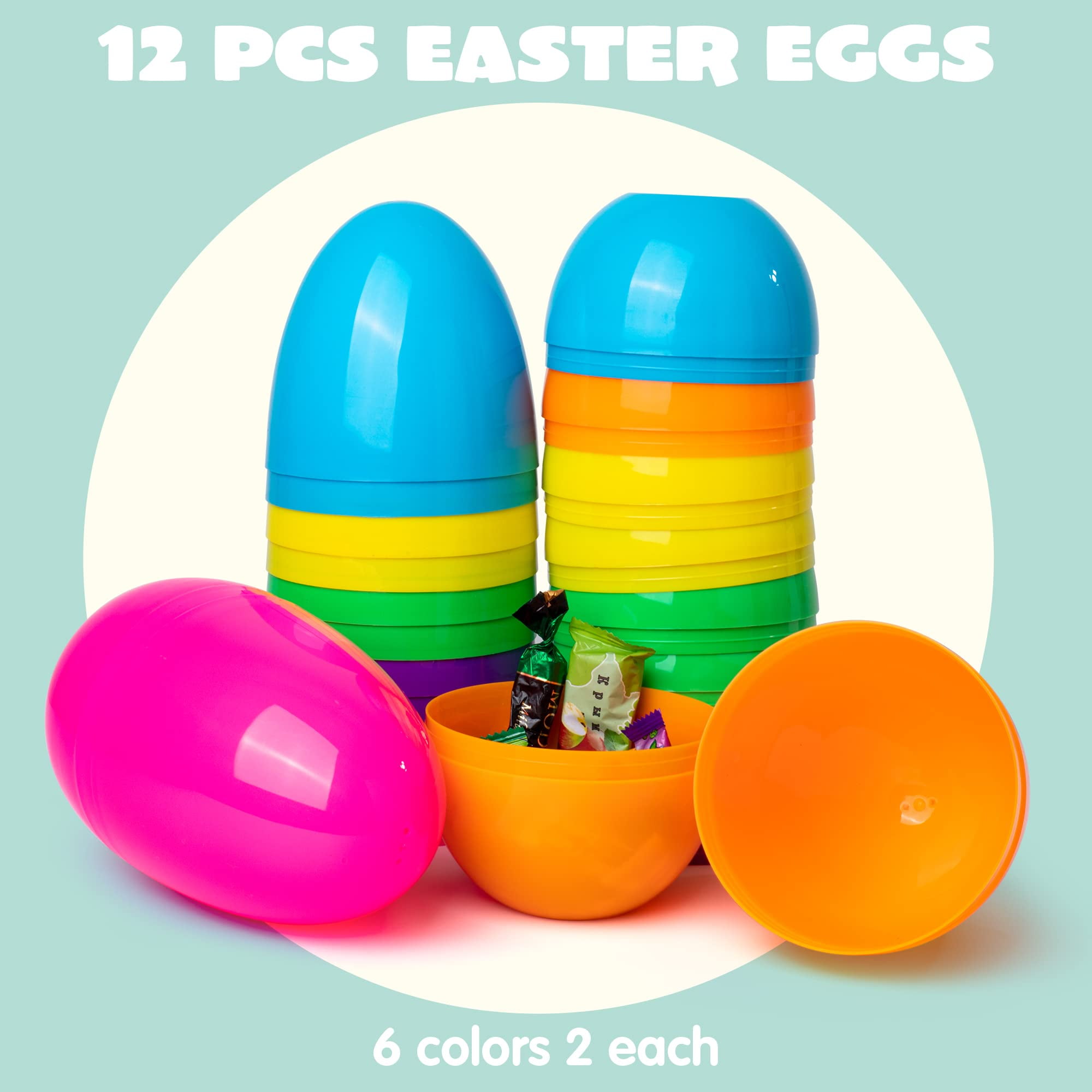 Joyfy 12 pack 7" Large Plastic Easter Eggs - Jumbo Giant Fillable & Empty for Easter Egg Hunt, Basket Stuffers | Assorted Solid Colors, Classroom Prize Supplies
