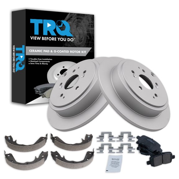 TRQ Rear Brake Pad & Rotor Kit Brake Pads Brake Rotor Parking Brake Shoe Set Ceramic Premium G-Coated Fits Select 2001-2006 Acura MDX