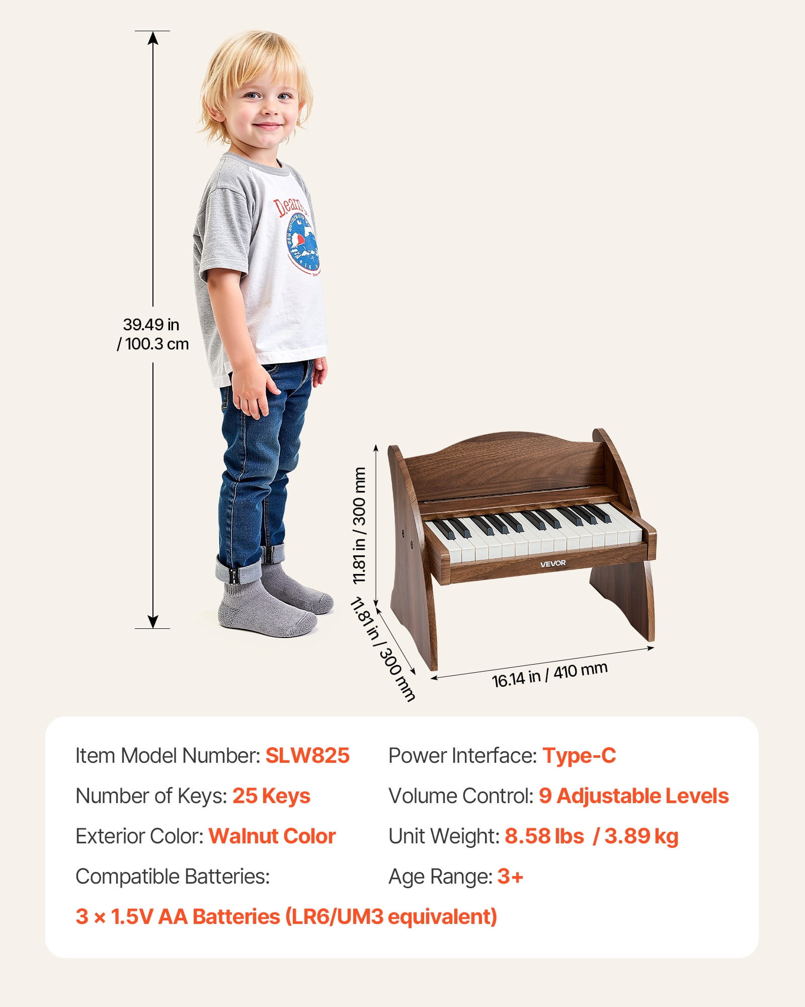 VEVOR Kids Piano Keyboard, 25 Keys Wooden Digital Piano for Kids, Mini Music Educational Instrument Toy with Realistic Sound, Dual Power, Adjustable Volume for Toddlers, Boys Girls Learning, Walnut