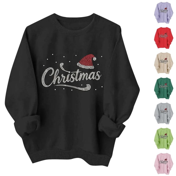 Women's Christmas Rhinestone Graphic Sweatshirt Crew Neck Long Sleeve Casual Pullover Top