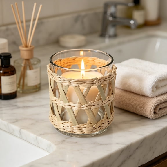 Handmade Woven Seagrass Sleeve Glass Candle Holders, Natural Rattan Decorative Vase and Aromatherapy Cup for Home Living Room Decor, 3.15in