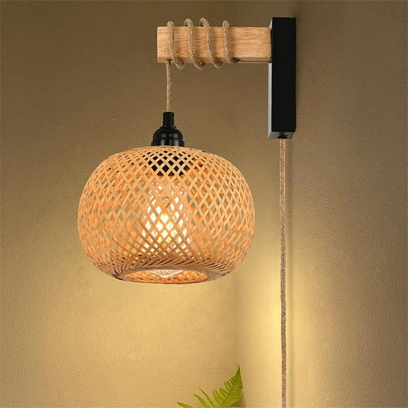 KAYYELAMP Hand-Woven Bamboo Wall Sconce 9.8Feet Plug in Hemp Dimmer Cord Adjustable Vintage Design for Loft Living Room Bedroom Farmhouse