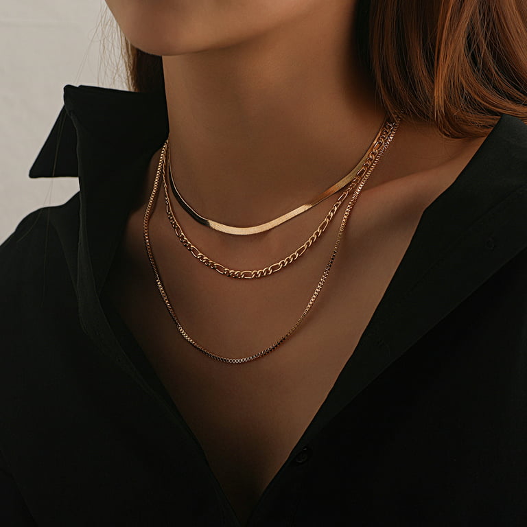 Fofosbeauty Layered Choker Necklaces,3 Tier Female Fashion Punk Long Chain  Pendant Multilayer Adjustable Layering Chain Gold Plated Necklaces Set for