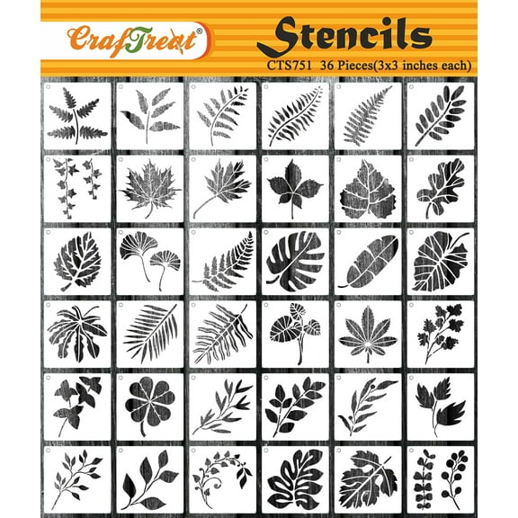 CrafTreat 36 Pieces Leaf Stencils for Painting (3x3), Elegant Plant Stencils for Painting on Wood, Wall, Furniture, Canvas, Crafts, DIY Reuseable Stencils