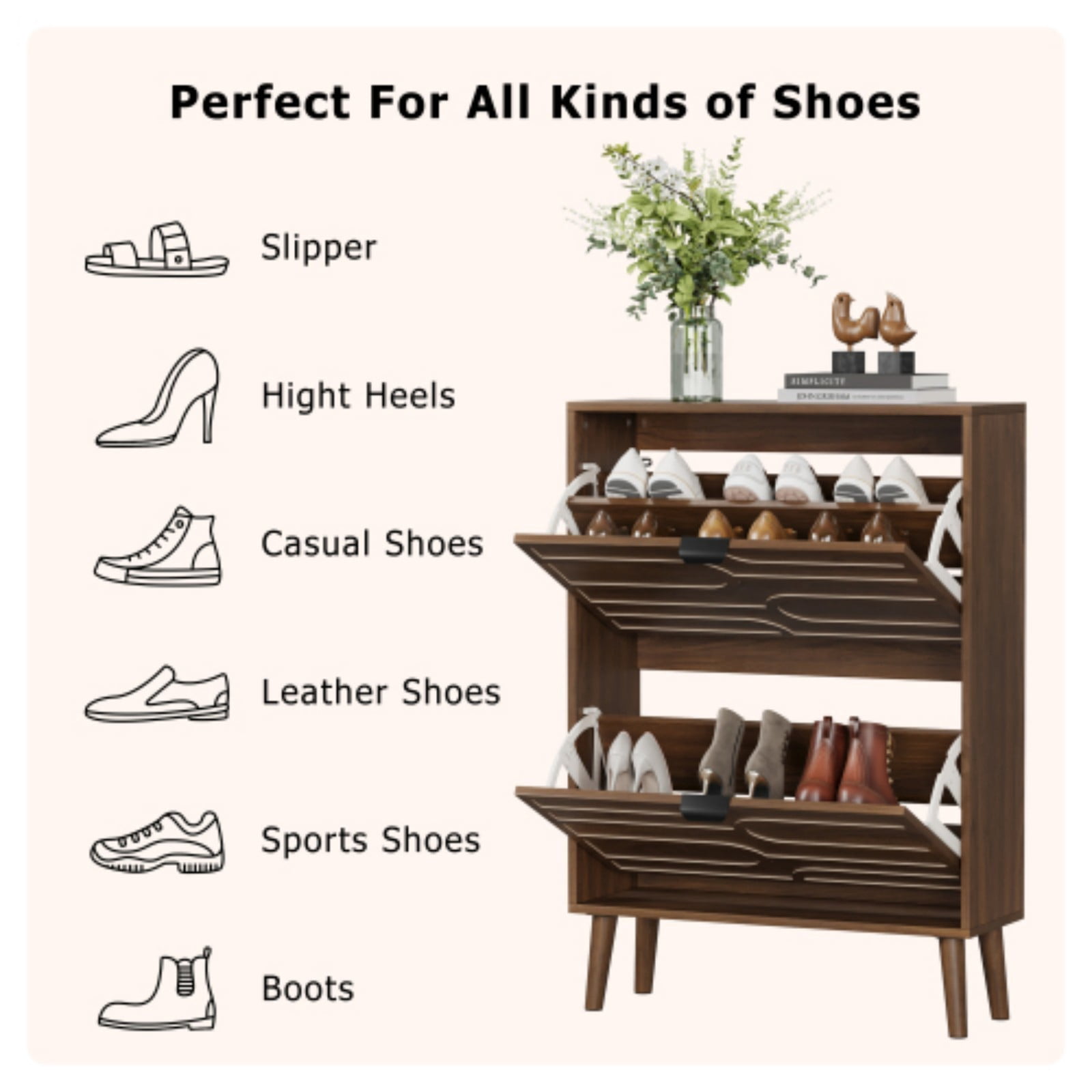 Medieval Modern Shoe Cabinet, 24" Walnut Entryway Shoe Storage Cabinet with 2 Flip Drawers, Slim Freestanding Shoe Organizer for Hallway, Corridor, Entryway