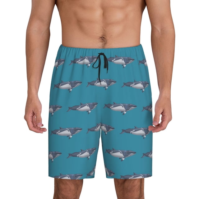 Balery Cartoon Whale Pantalones cortos de pijama de punto de algodón para hombre con cinturilla y bolsillos-3X-Large