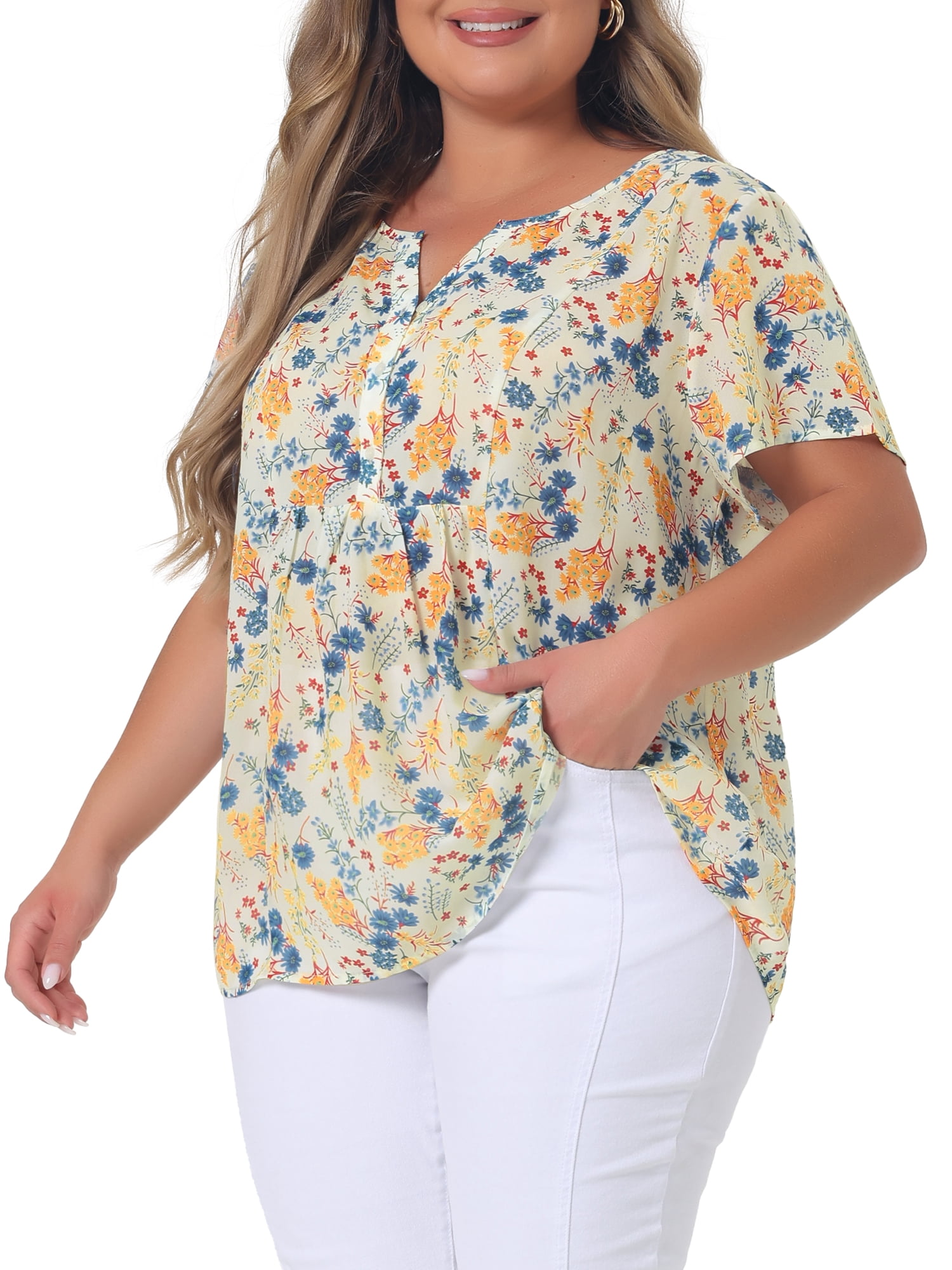 Unique Bargains Women's Plus Size Floral Half Placket Short Sleeve Blouses 3X Beige