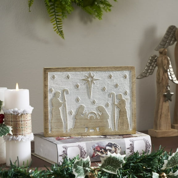 VHC Brands White Washed In A Manger Natural Wooden Sign 6x8x1