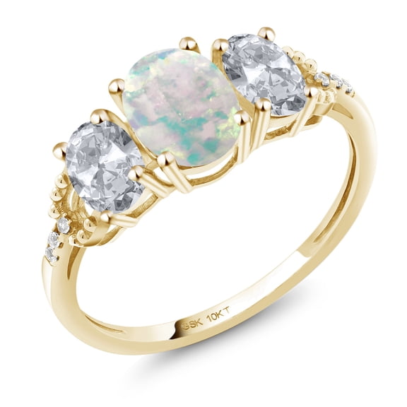 Gem Stone King 10K Yellow Gold Oval Cabochon White Simulated Opal White Topaz and Diamond 3-Stone Women Engagement Ring (2.22 Cttw, Size 9)