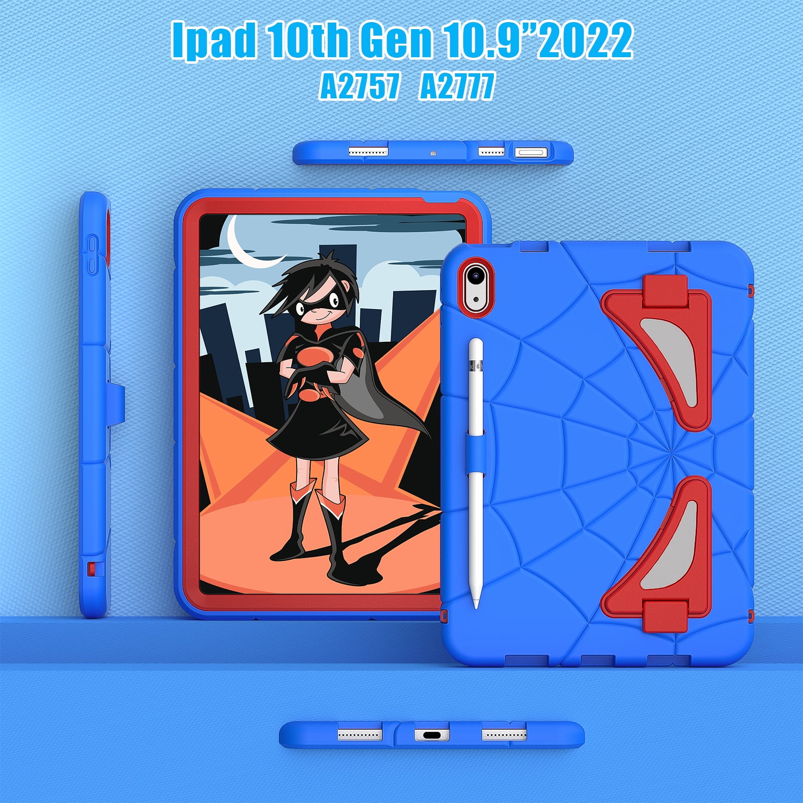 Kids Case for iPad A16 11th Generation 2025 / 10th Gen Case 2022, with Pencil Holder/Kickstand/Shoulder Strap Heavy Duty Protection Rugged Shockproof Hybrid Boy Girl Children Cover, Blue + Red