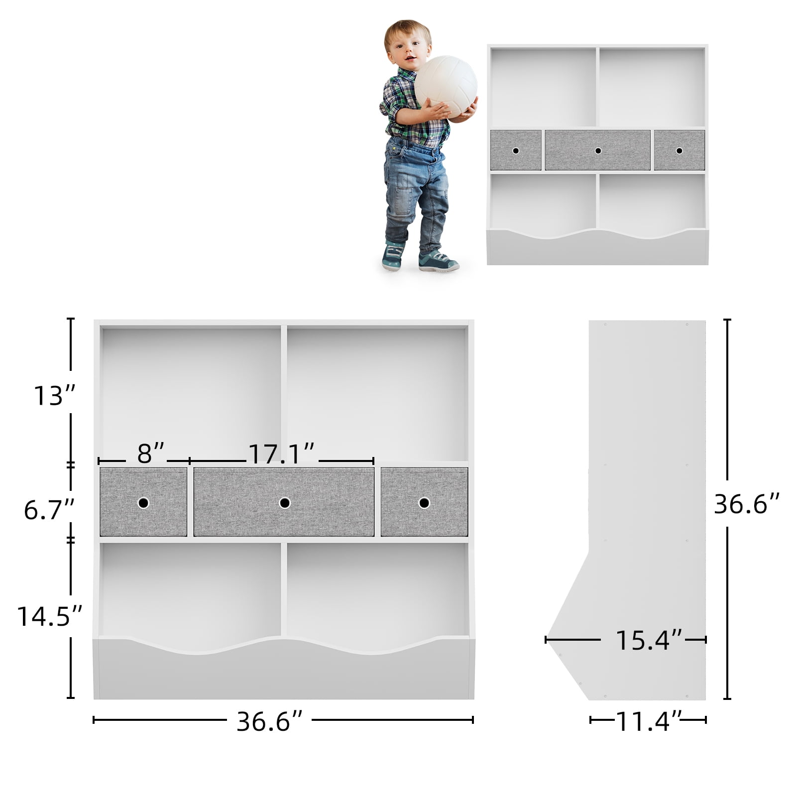 DSSTYLES Kid's Cubby Toy Storage Cabinet, Wood Toy Organizer of 7 Bins, Children's White Bookcase, Toy Chest for Bedroom Living Room