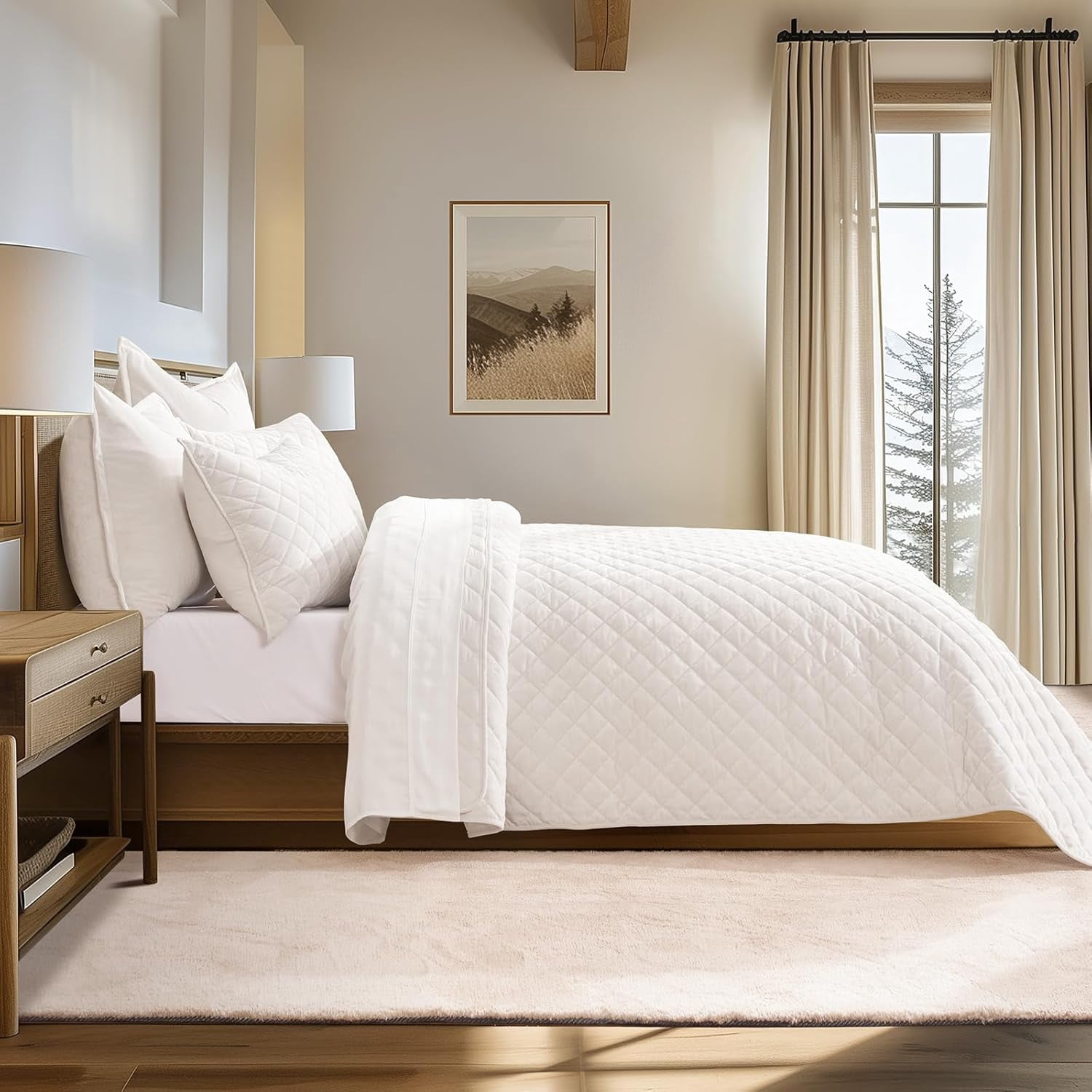 EVERGRACE Luxury Velvet Quilt Set Queen Size, Diamond Quilted Lightweight Velvet Comforter for All Season, Ultra Soft Oversized Bedspread Coverlet Bedding Set with 2 Pillow Shams, Ivory White
